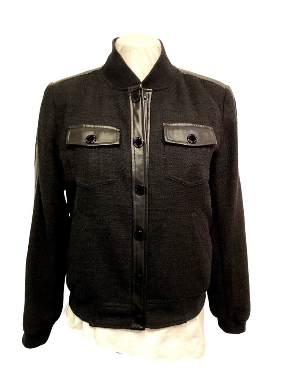 Karl Lagerfeld Paris Black Tweed Jacket With Faux Leather Trim  Sz M
